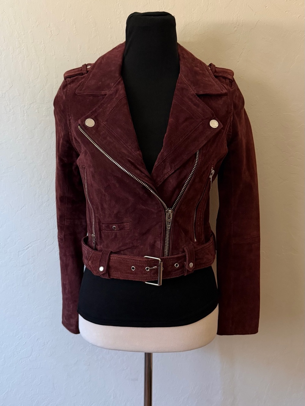 BLANK NYC Suede Moto Jacket in Maroon- Women’s Stylish Biker Coat